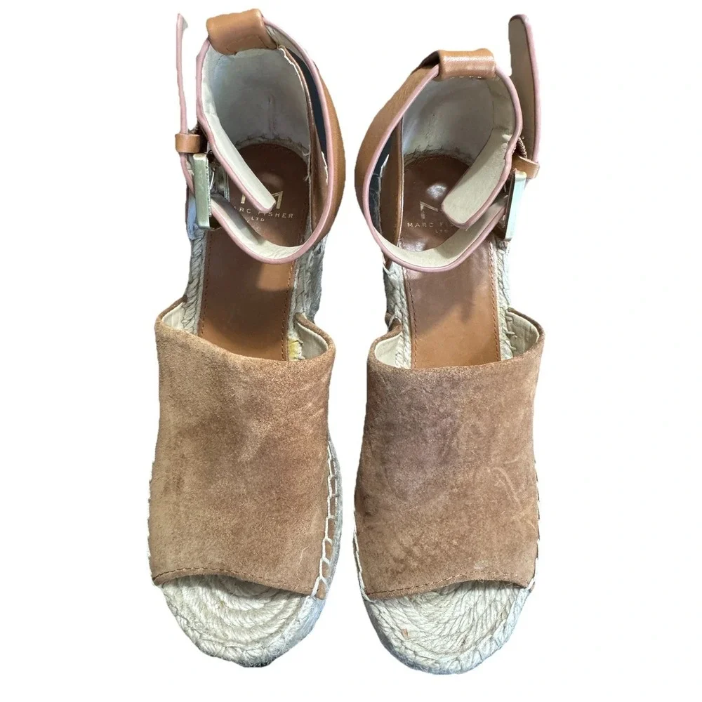 Marc Fisher Alida Suede Espadrille Platform Wedge Sandals Brown Open Toe 6.5M‎